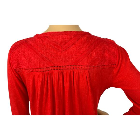 2/$15 Lucky Brand Lace-Up Embroidered Peasant Top Red Boho Tassel Size XS - Picture 6 of 9